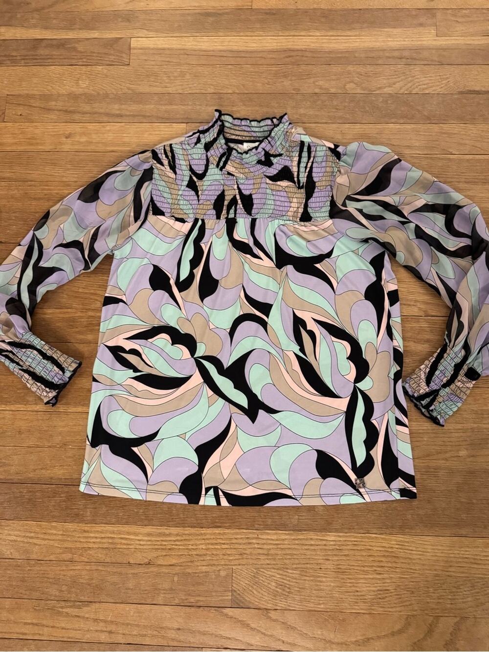 Calvin Klein Multicolor Abstract Print Smocked Mock Neck Blouse - Size S
 b94